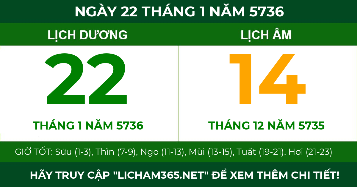 lịch âm ngày 22 tháng 1 năm 5736