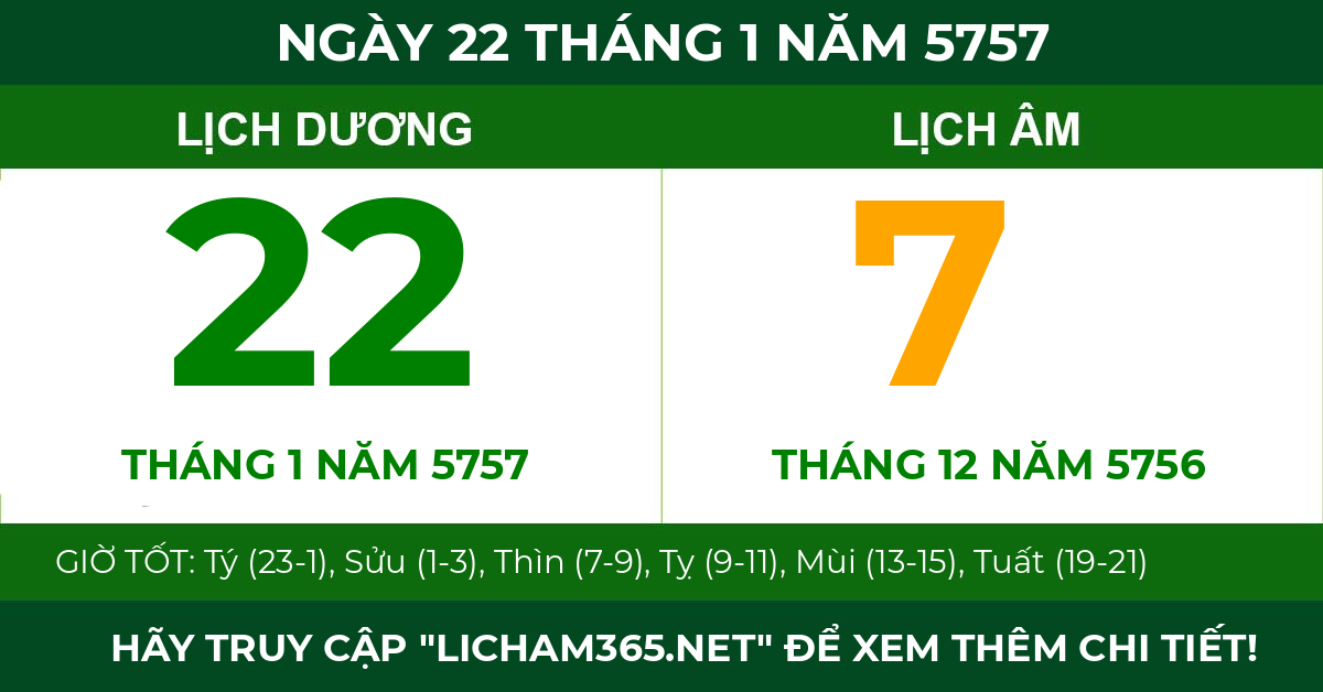 lịch âm ngày 22 tháng 1 năm 5757