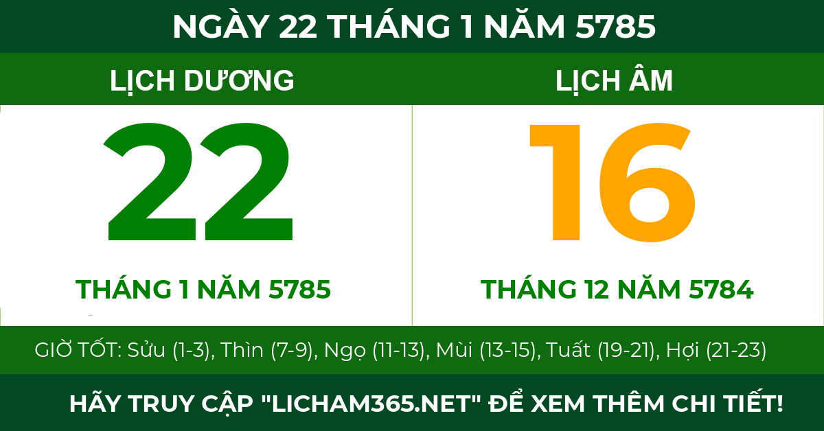 lịch âm ngày 22 tháng 1 năm 5785