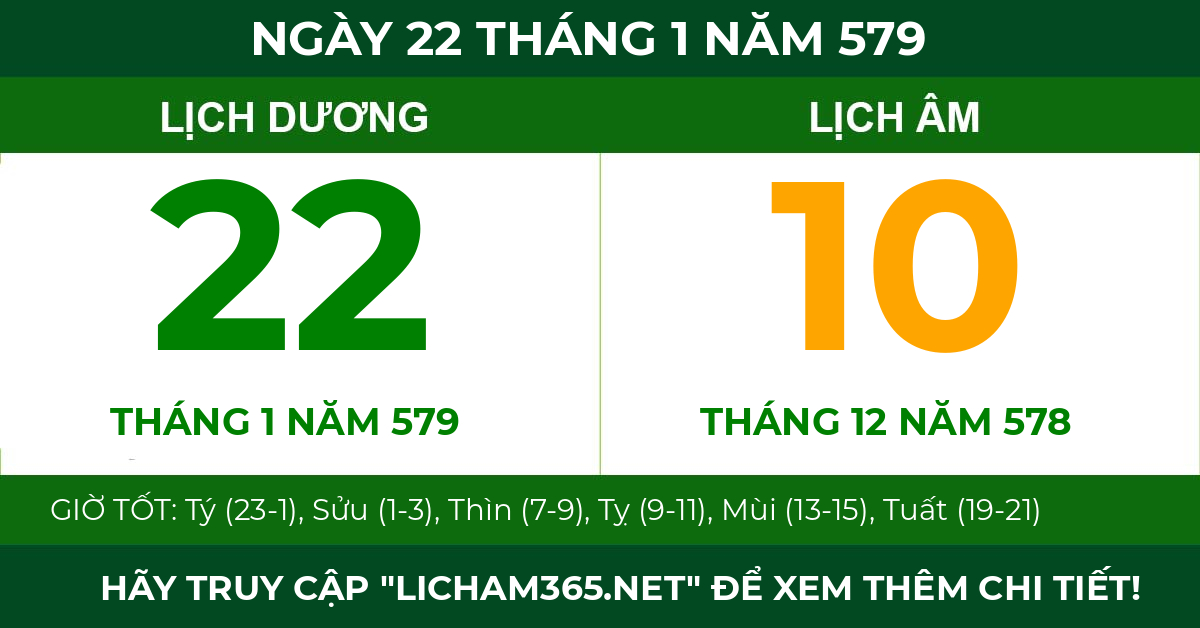 lịch âm ngày 22 tháng 1 năm 579