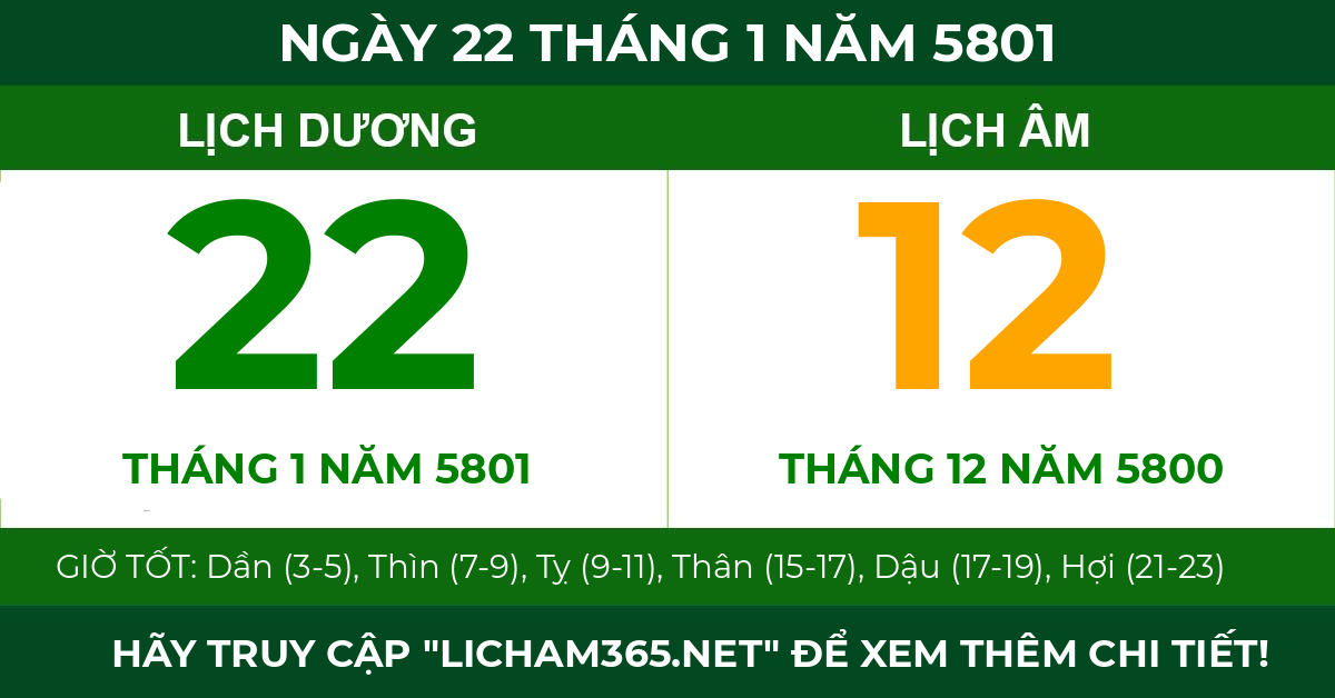 lịch âm ngày 22 tháng 1 năm 5801