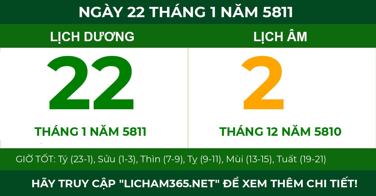 lịch âm ngày 22 tháng 1 năm 5811