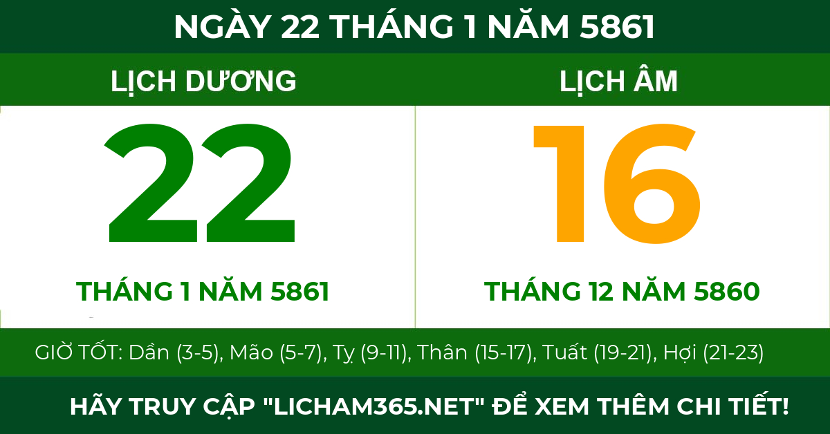 lịch âm ngày 22 tháng 1 năm 5861