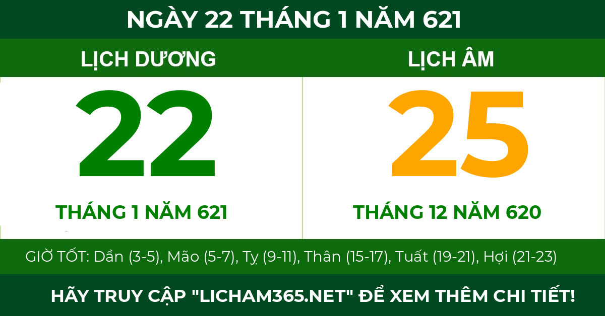 lịch âm ngày 22 tháng 1 năm 621