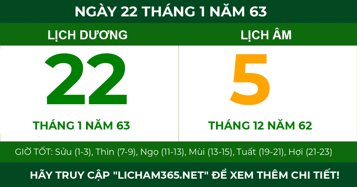 lịch âm ngày 22 tháng 1 năm 63