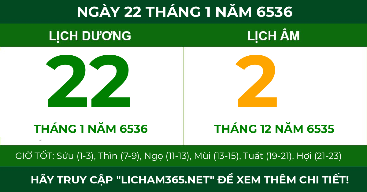 lịch âm ngày 22 tháng 1 năm 6536