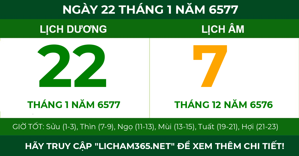 lịch âm ngày 22 tháng 1 năm 6577