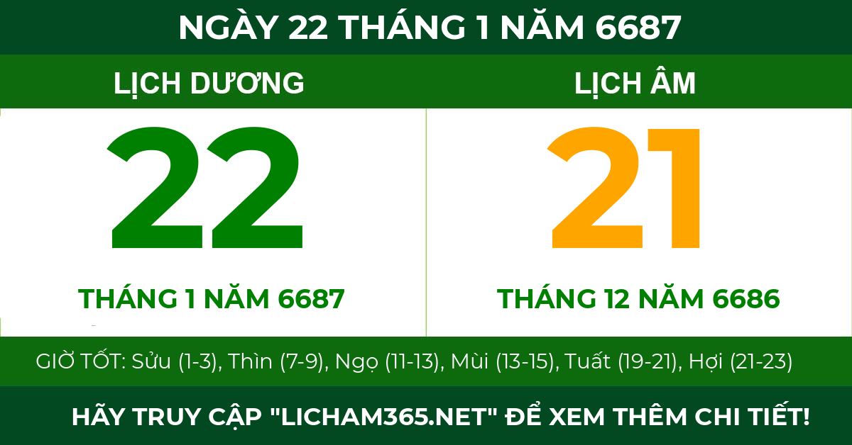 lịch âm ngày 22 tháng 1 năm 6687