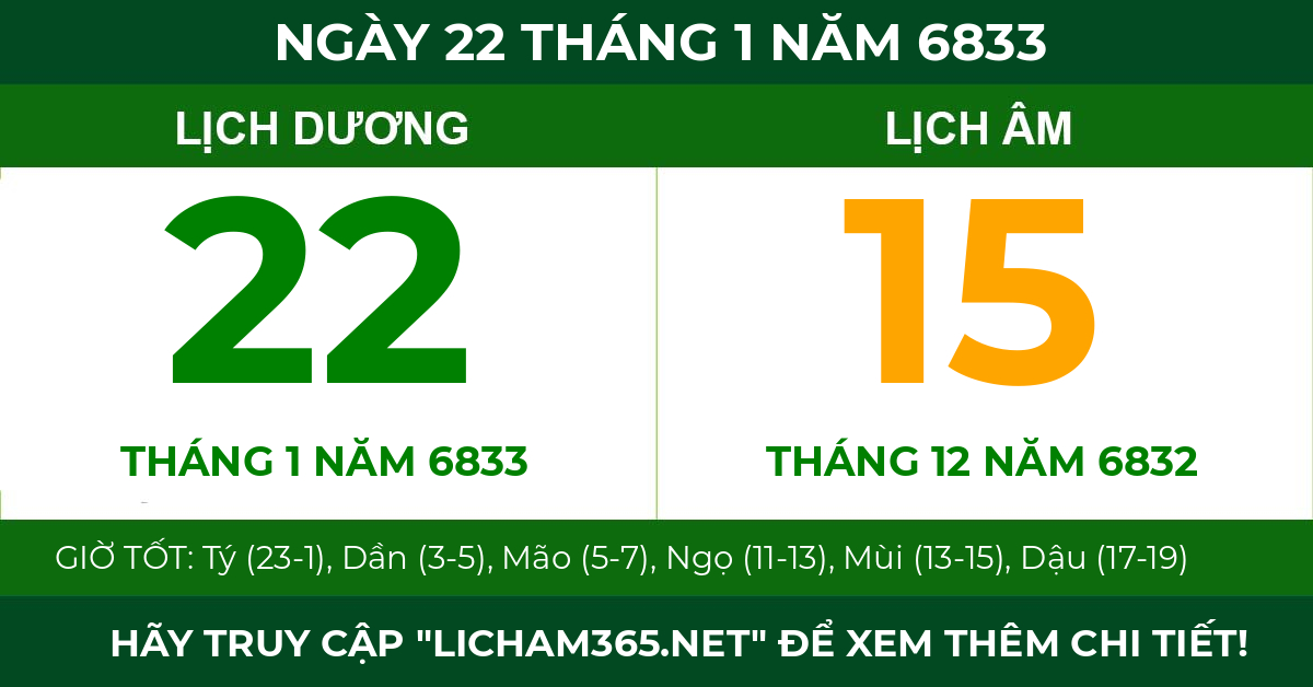 lịch âm ngày 22 tháng 1 năm 6833