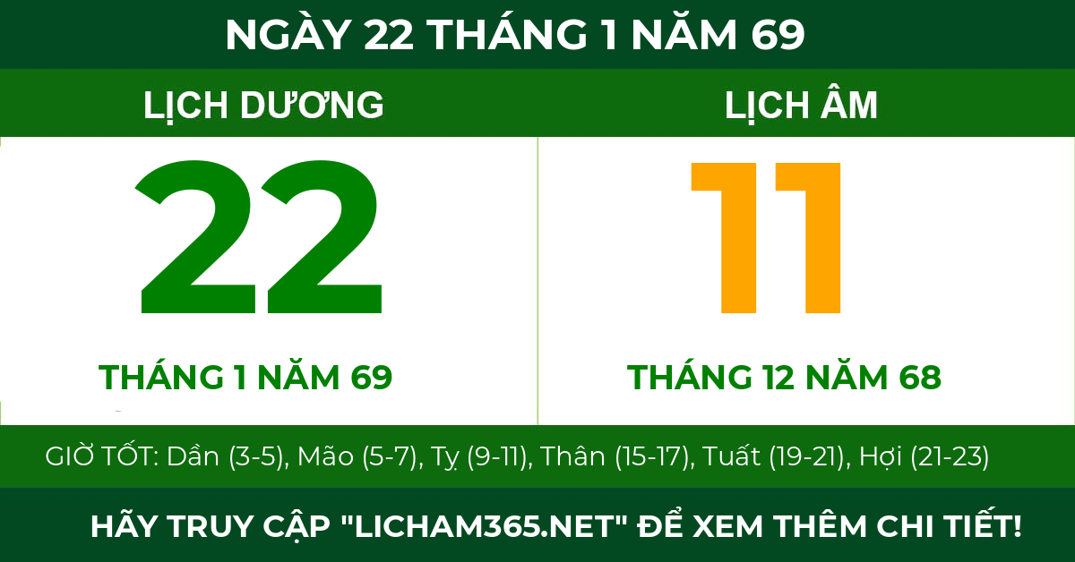 lịch âm ngày 22 tháng 1 năm 69