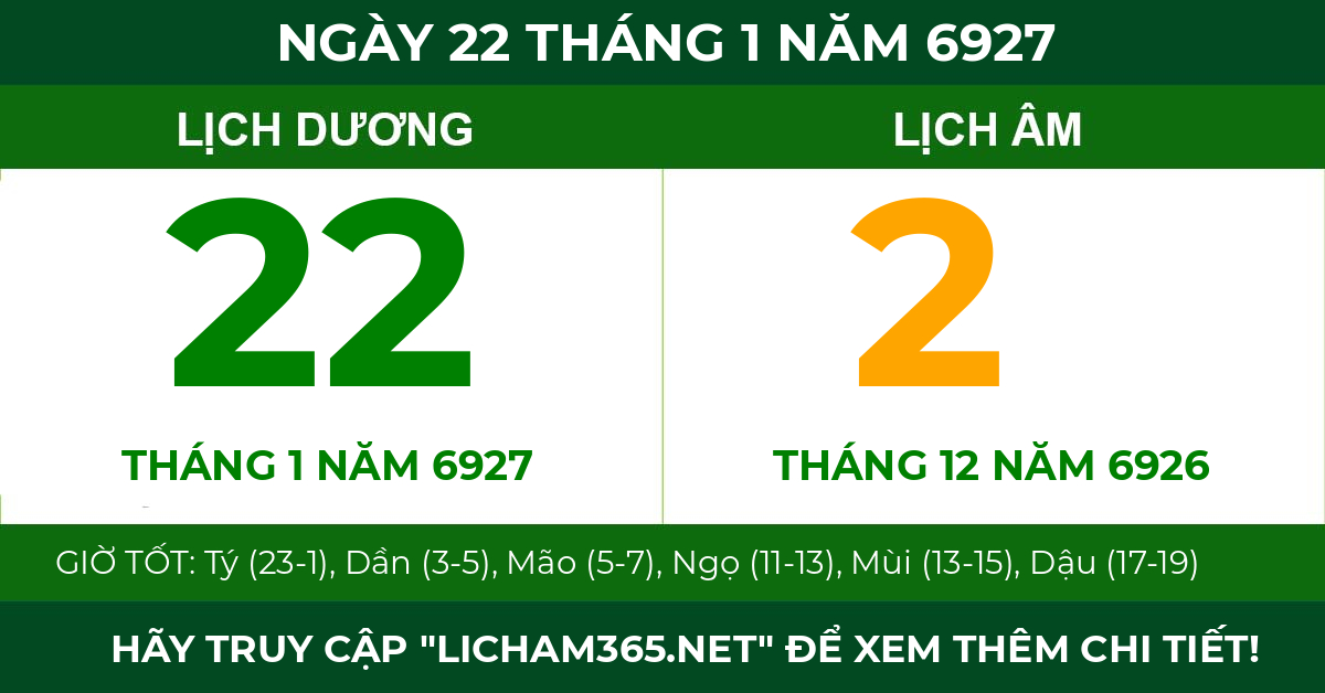 lịch âm ngày 22 tháng 1 năm 6927
