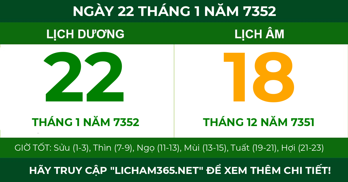 lịch âm ngày 22 tháng 1 năm 7352
