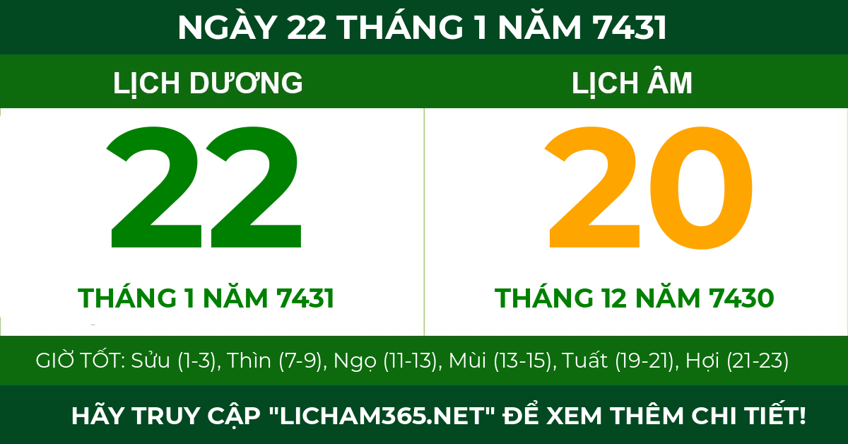 lịch âm ngày 22 tháng 1 năm 7431