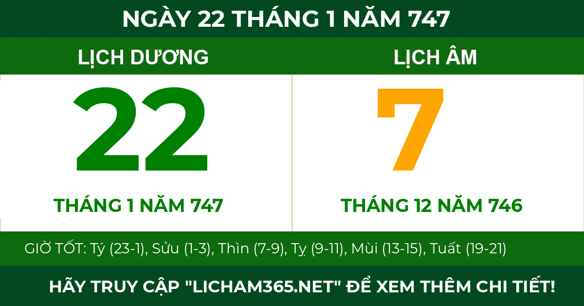 lịch âm ngày 22 tháng 1 năm 747