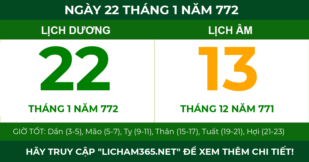 lịch âm ngày 22 tháng 1 năm 772