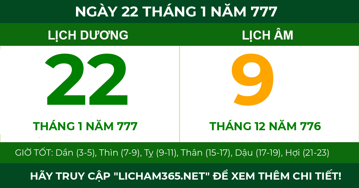 lịch âm ngày 22 tháng 1 năm 777