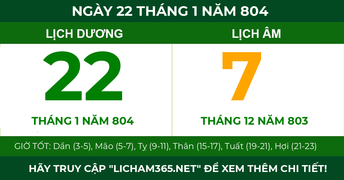 lịch âm ngày 22 tháng 1 năm 804