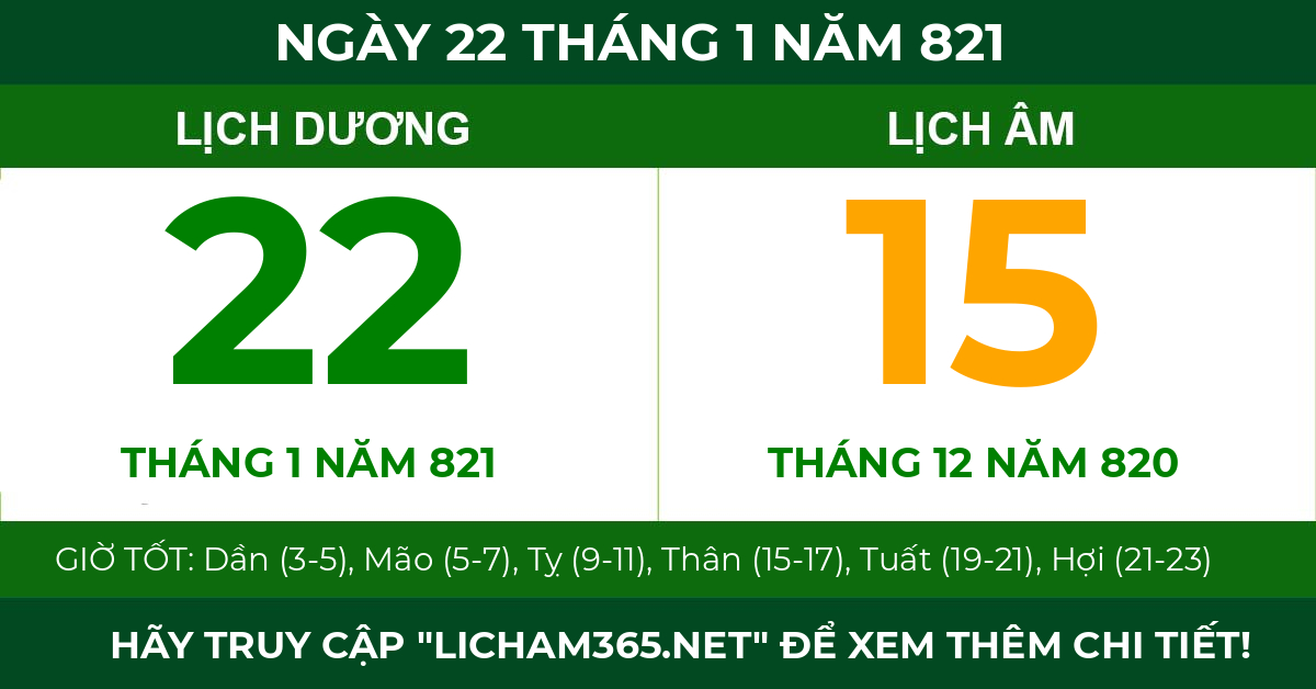 lịch âm ngày 22 tháng 1 năm 821