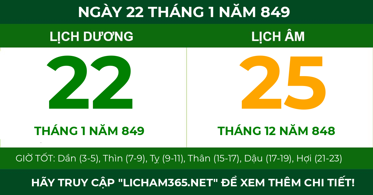 lịch âm ngày 22 tháng 1 năm 849