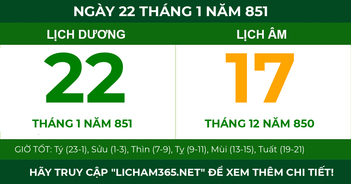 lịch âm ngày 22 tháng 1 năm 851