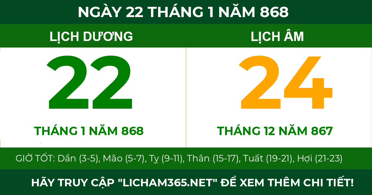 lịch âm ngày 22 tháng 1 năm 868