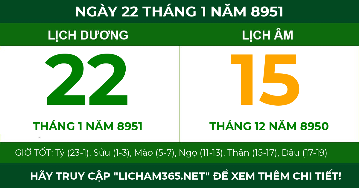 lịch âm ngày 22 tháng 1 năm 8951