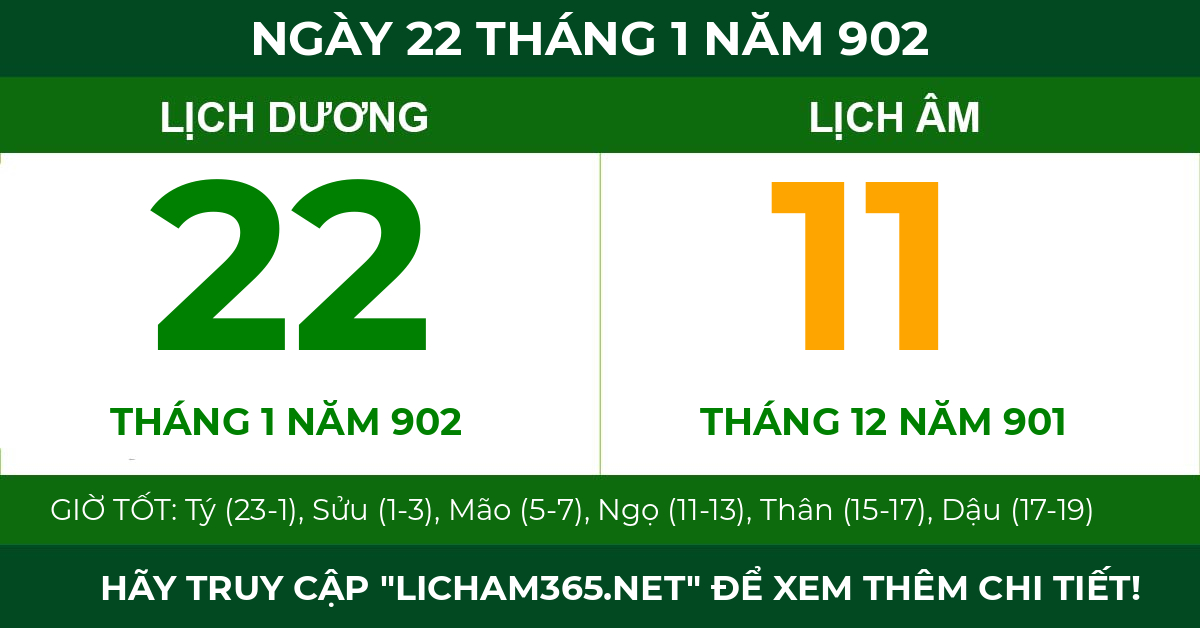 lịch âm ngày 22 tháng 1 năm 902