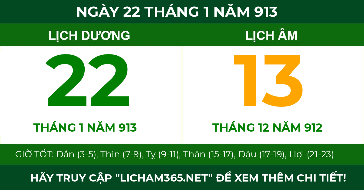 lịch âm ngày 22 tháng 1 năm 913