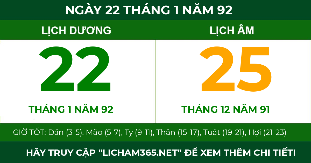 lịch âm ngày 22 tháng 1 năm 92