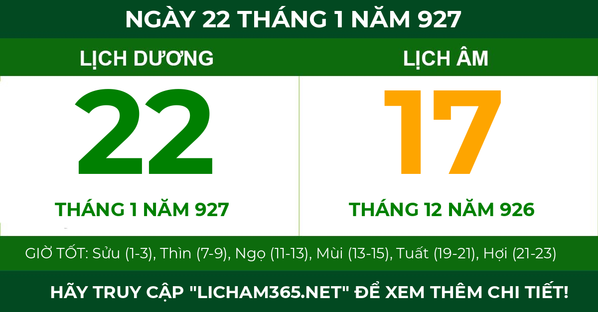 lịch âm ngày 22 tháng 1 năm 927