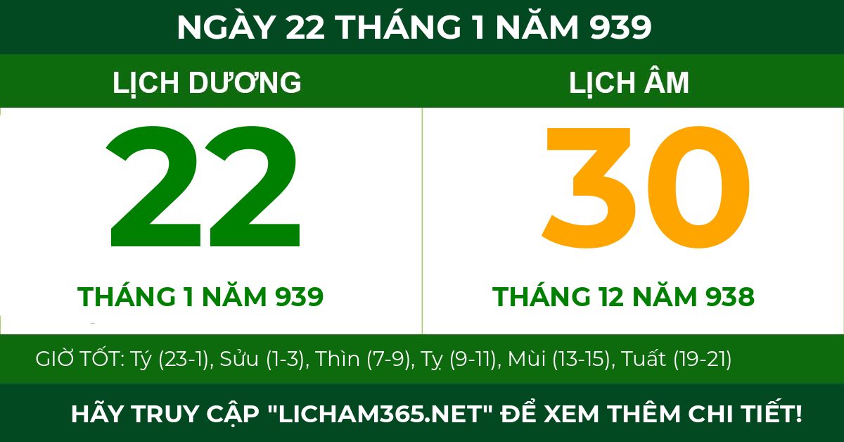 lịch âm ngày 22 tháng 1 năm 939