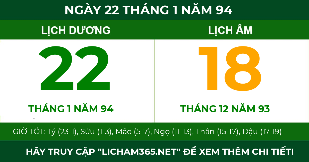 lịch âm ngày 22 tháng 1 năm 94