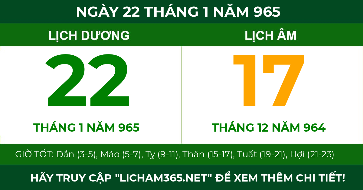 lịch âm ngày 22 tháng 1 năm 965