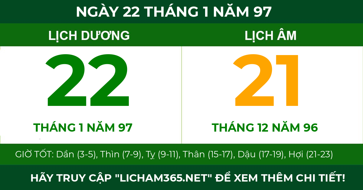 lịch âm ngày 22 tháng 1 năm 97