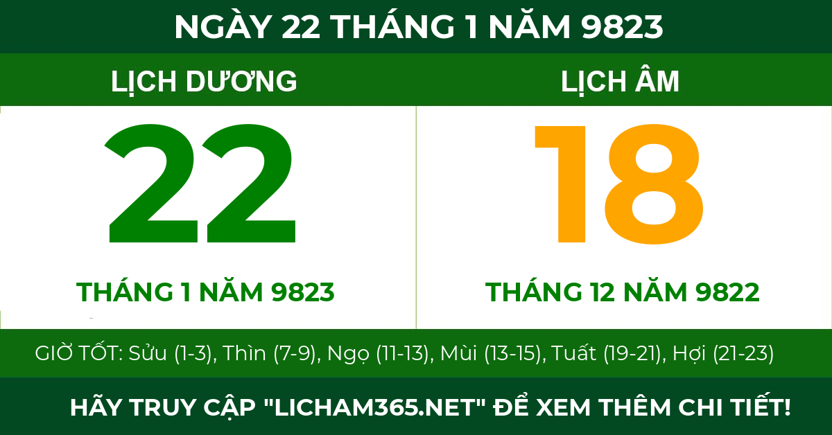 lịch âm ngày 22 tháng 1 năm 9823