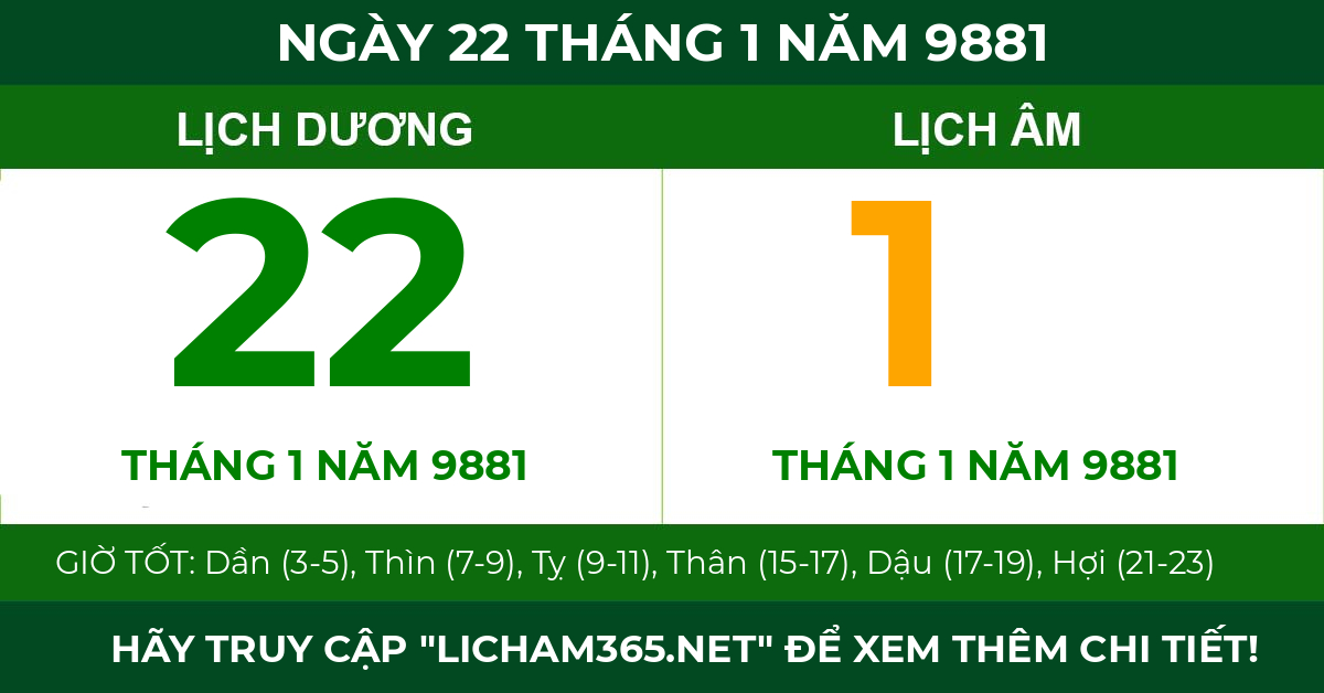 lịch âm ngày 22 tháng 1 năm 9881