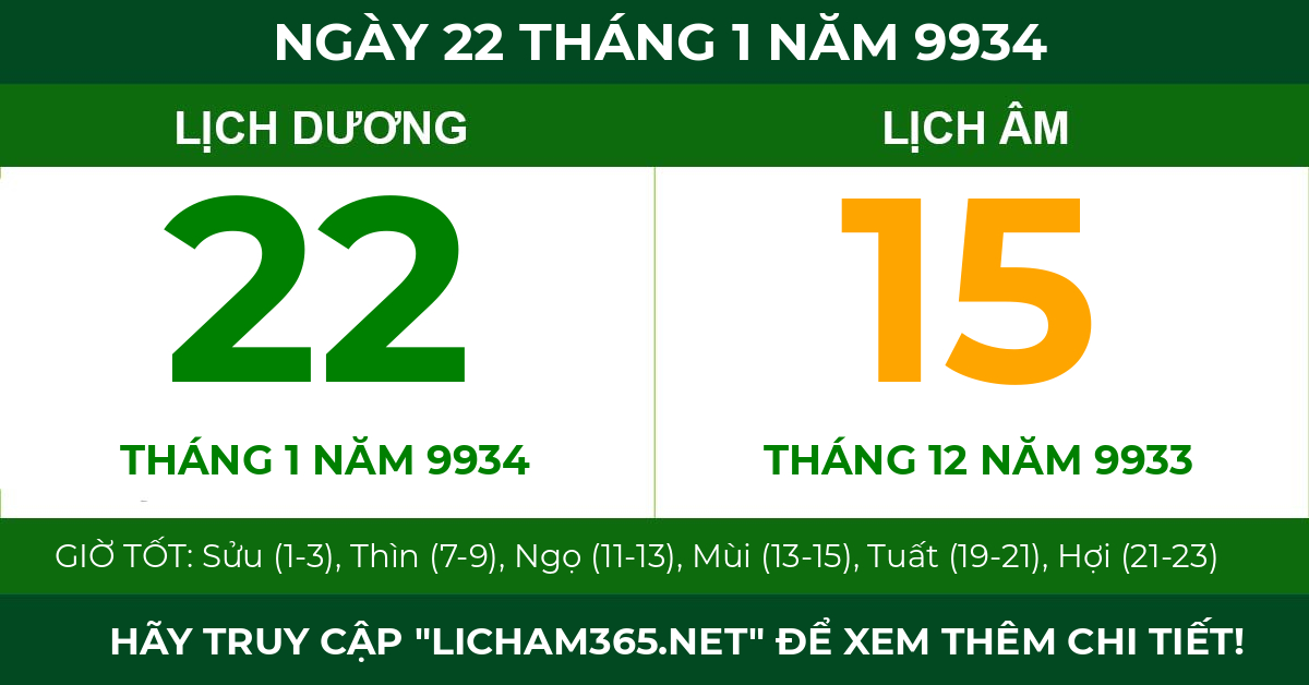 lịch âm ngày 22 tháng 1 năm 9934