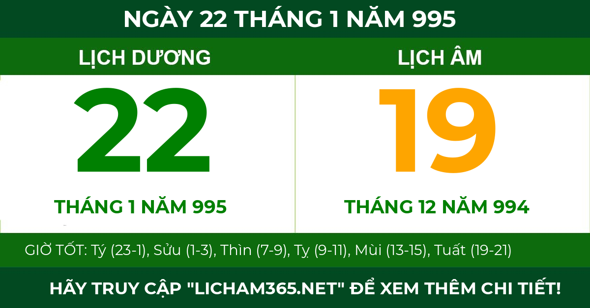 lịch âm ngày 22 tháng 1 năm 995