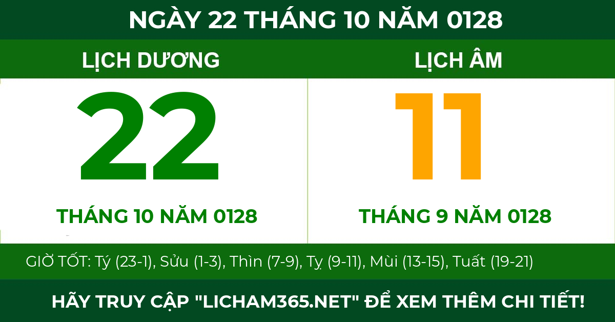 lịch âm ngày 22 tháng 10 năm 0128