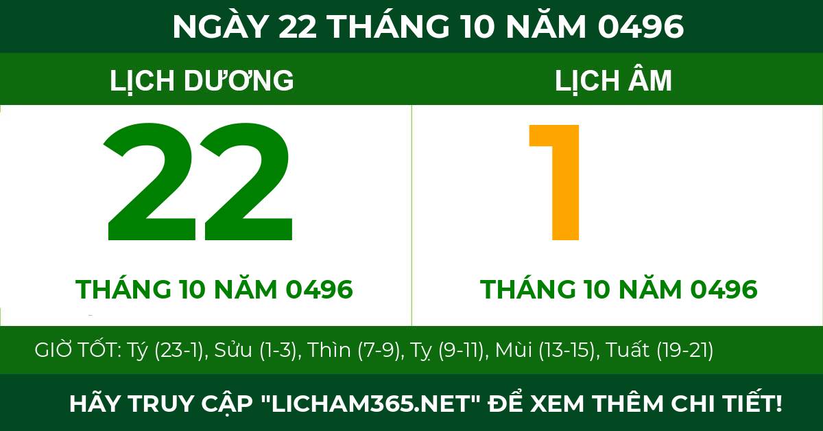 lịch âm ngày 22 tháng 10 năm 0496