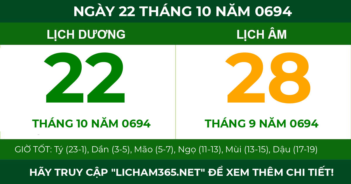 lịch âm ngày 22 tháng 10 năm 0694