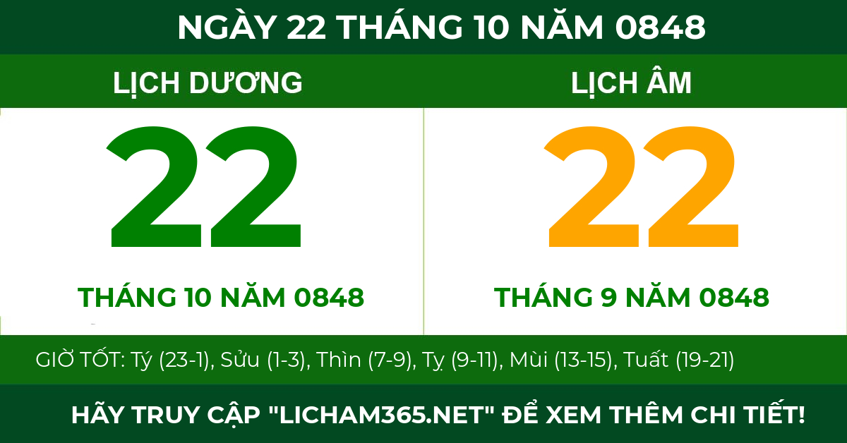 lịch âm ngày 22 tháng 10 năm 0848