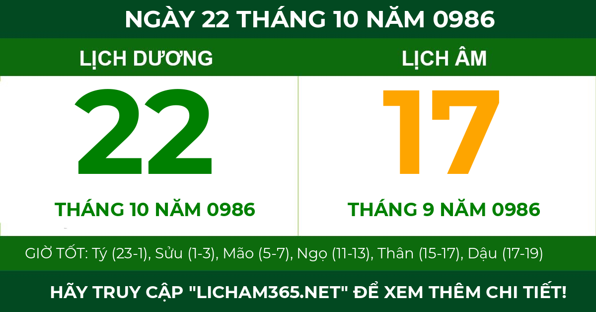 lịch âm ngày 22 tháng 10 năm 0986