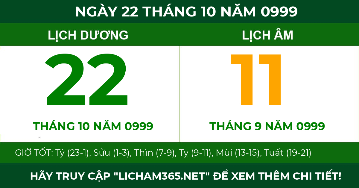 lịch âm ngày 22 tháng 10 năm 0999