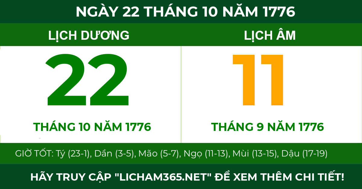 lịch âm ngày 22 tháng 10 năm 1776