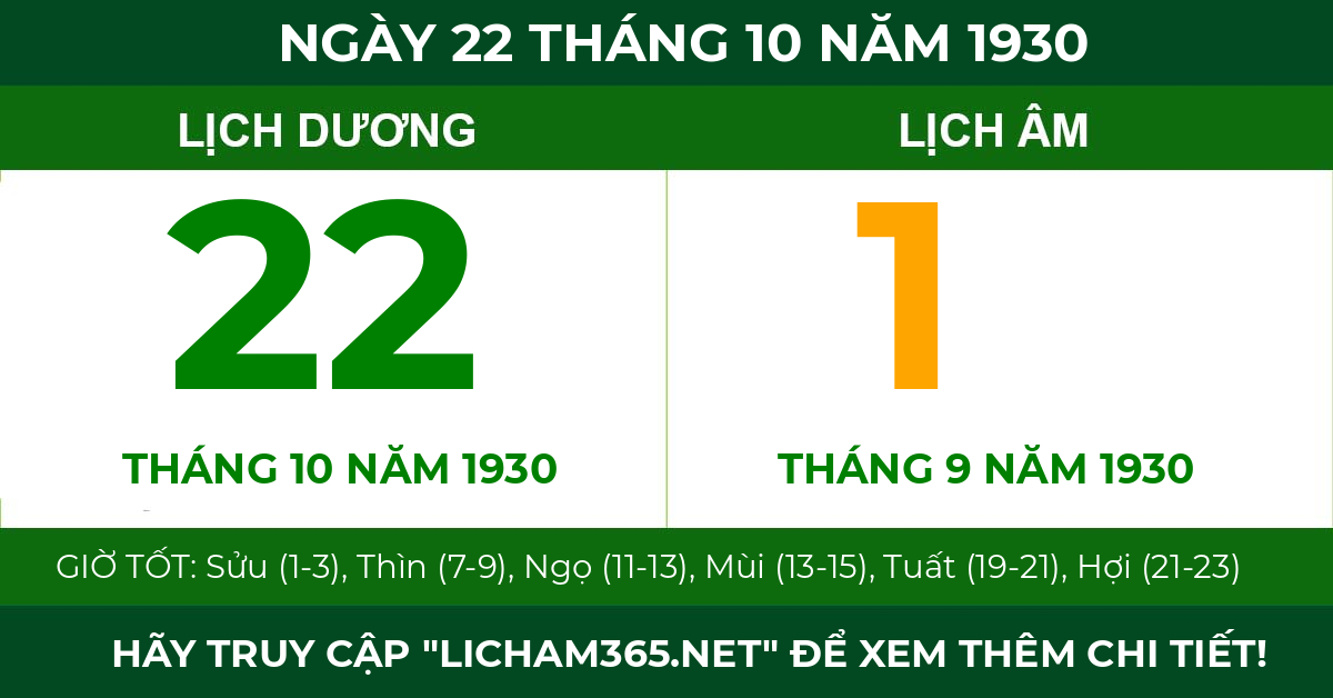 lịch âm ngày 22 tháng 10 năm 1930