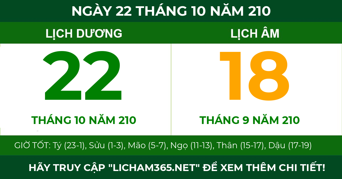 lịch âm ngày 22 tháng 10 năm 210