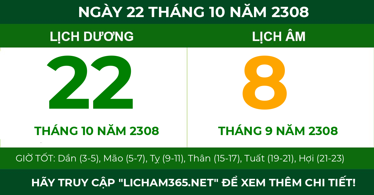 lịch âm ngày 22 tháng 10 năm 2308