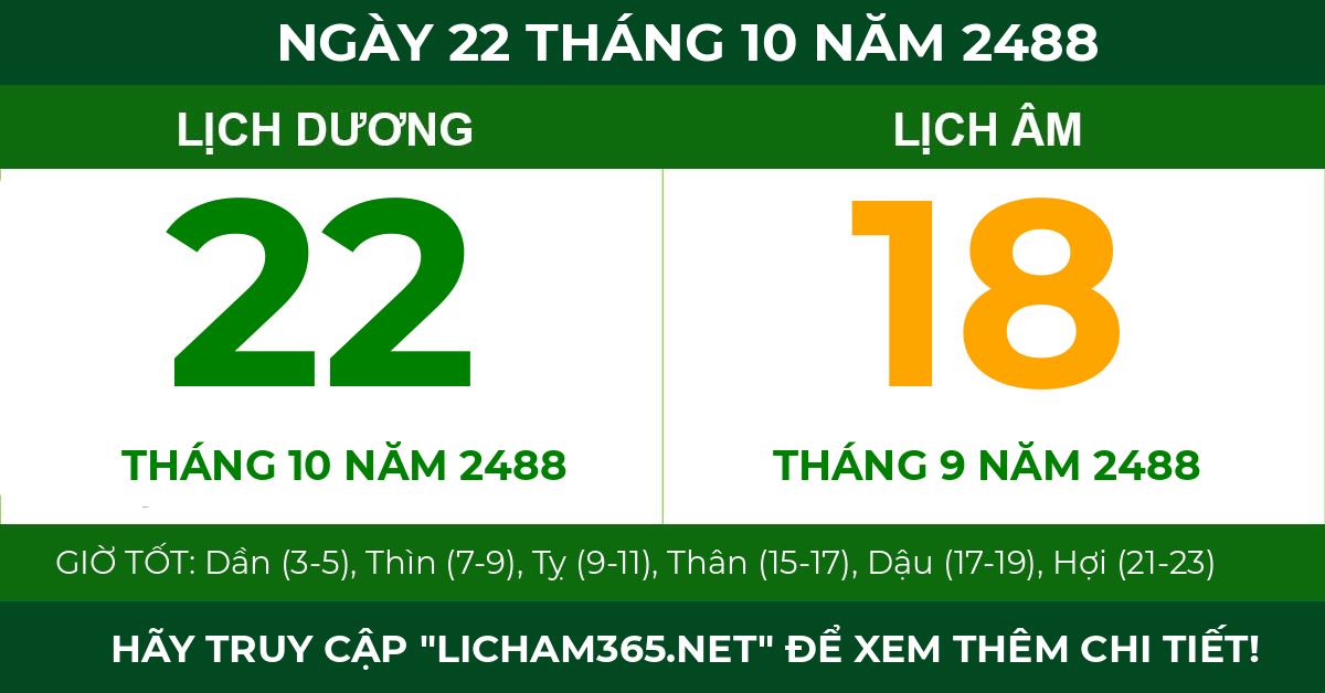 lịch âm ngày 22 tháng 10 năm 2488