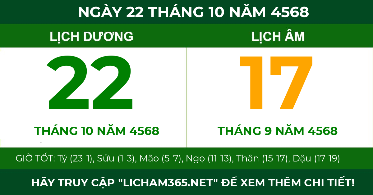 lịch âm ngày 22 tháng 10 năm 4568